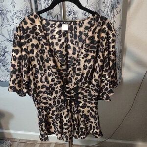NWOT- VENUS Animal Print Blouse With Lacing On The Front